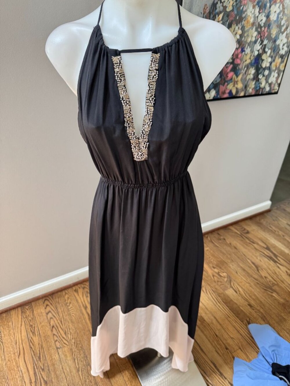 Chelsea Flower 100% Silk Colorblock High Low Beaded Maxi Dress Black XS